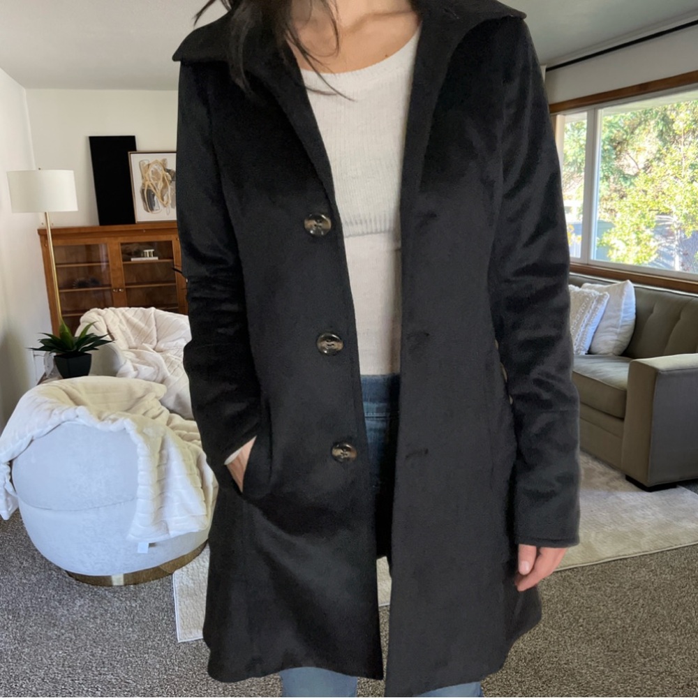 100% Cashmere Wool Black Trench/Pea Coat – XS | Timeless Minimal Luxury